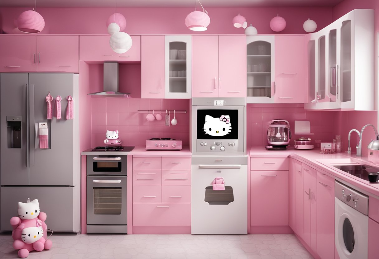 A cozy kitchen filled with Hello Kitty-themed appliances and decor, featuring pink and white color scheme with cute character motifs