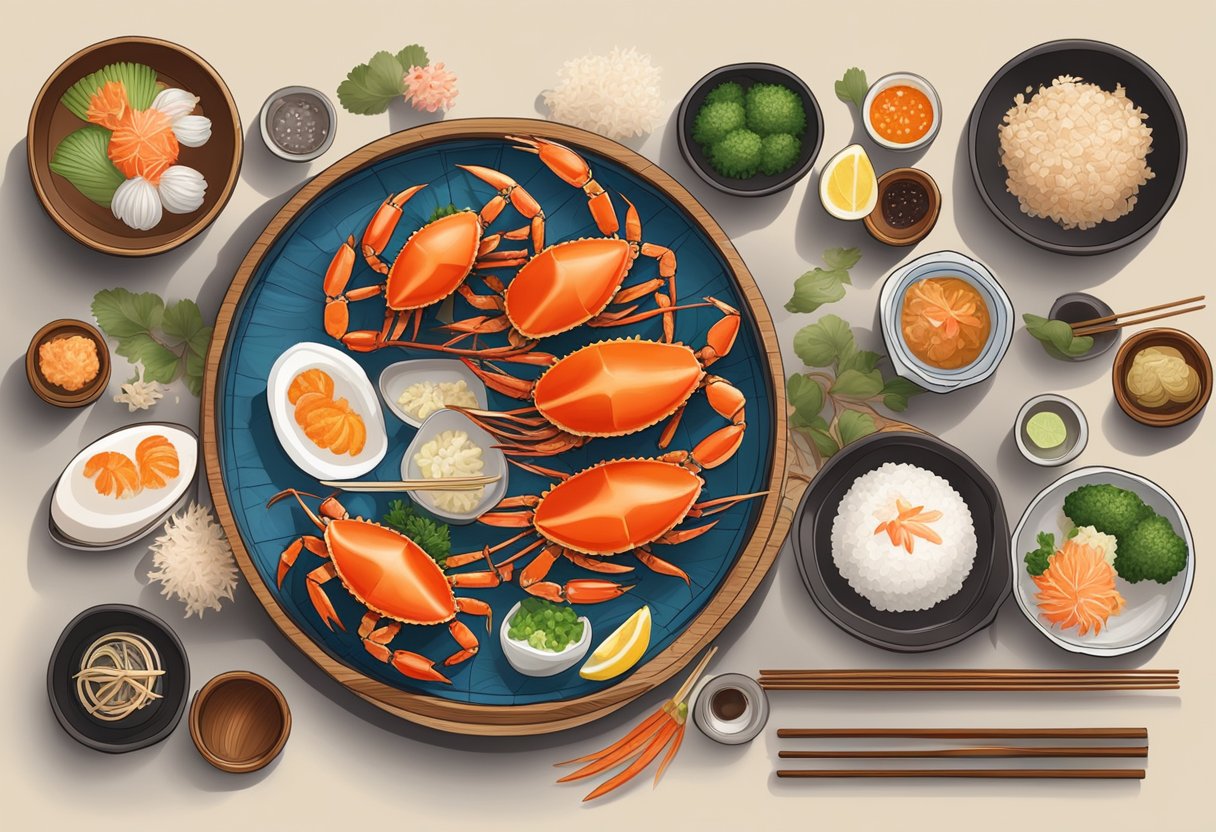 A table set with various Japanese crab dishes, surrounded by traditional Japanese cooking utensils and ingredients