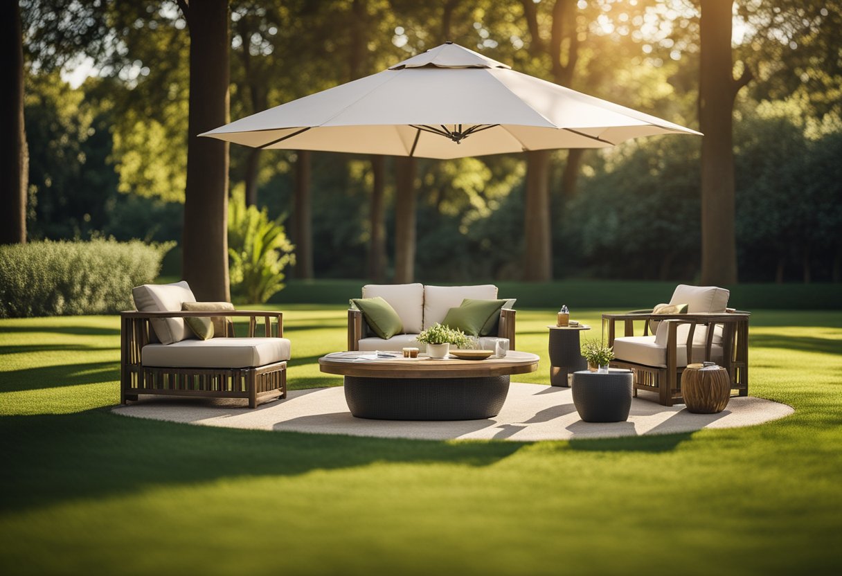 A modern outdoor furniture set arranged on a lush green lawn, surrounded by tall trees and bathed in warm sunlight