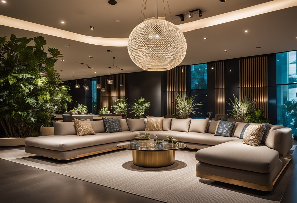 A modern showroom with sleek and stylish Dedon furniture on display in Singapore. Bright lighting highlights the elegant designs and inviting ambiance