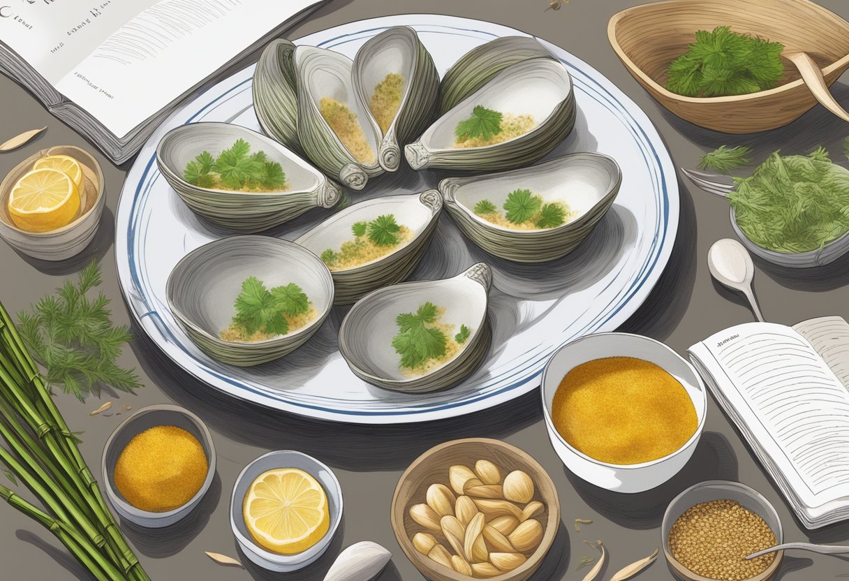 Bamboo clams arranged on a plate with vibrant herbs and spices, surrounded by cooking utensils and a recipe book open to "Frequently Asked Questions bamboo clam recipe."