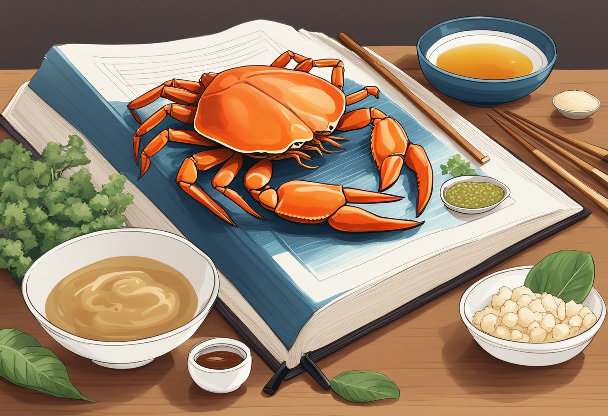 A Japanese crab recipe book open on a kitchen counter, surrounded by fresh crab, soy sauce, and ginger