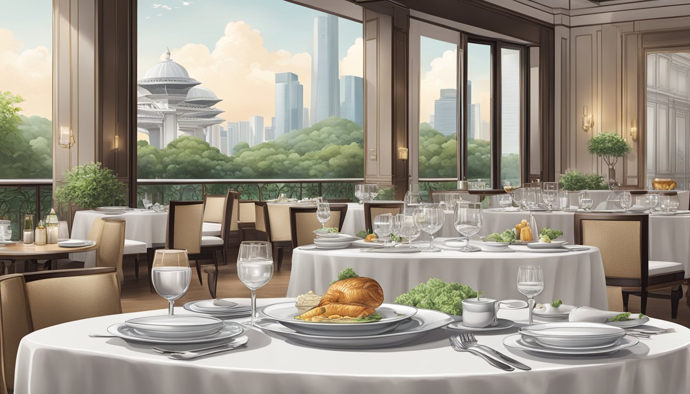 A table set with elegant dishware, surrounded by Michelin-starred restaurants in Singapore. The ambiance is sophisticated and inviting, with exquisite attention to detail