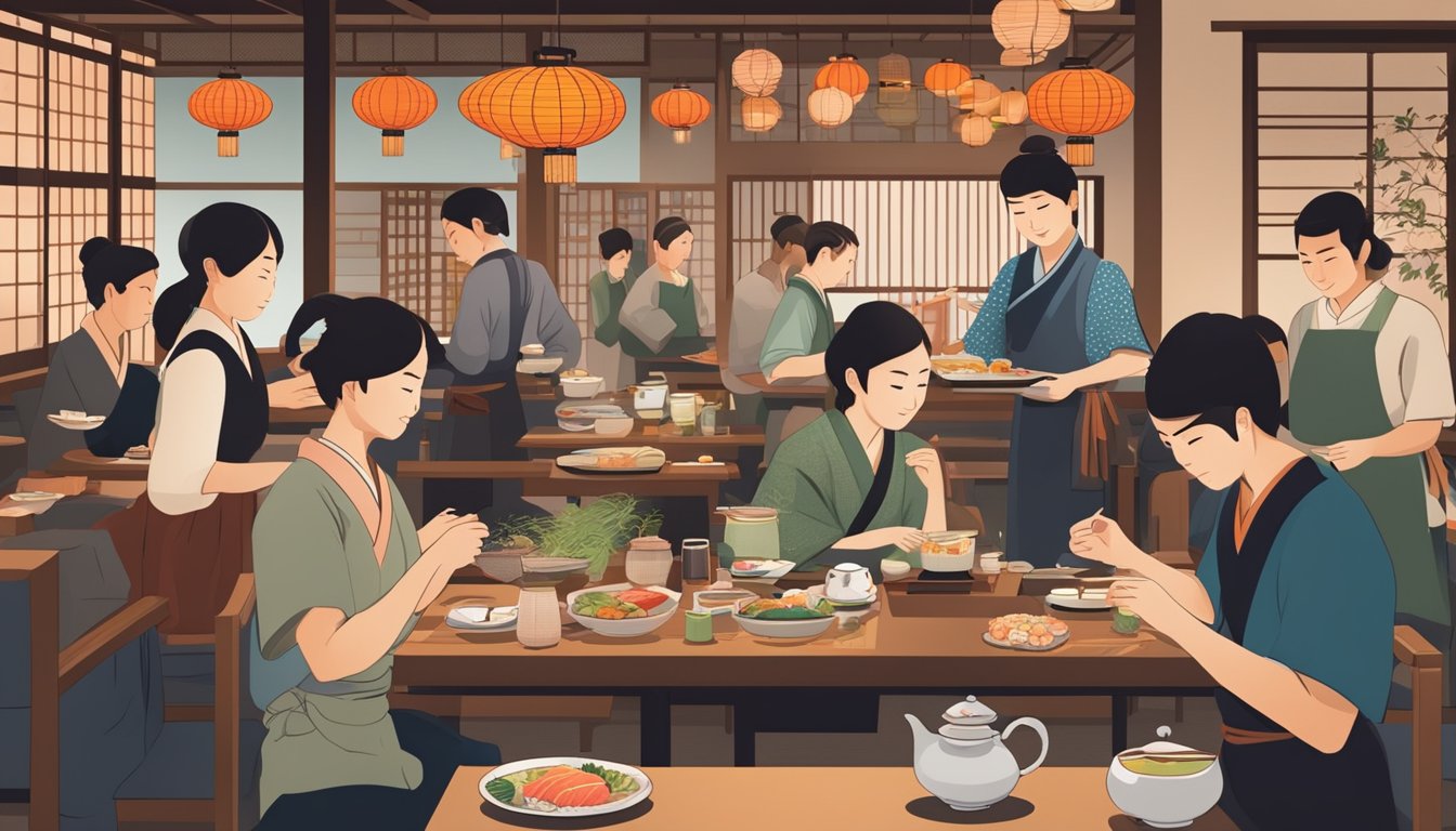 A bustling Japanese restaurant with traditional decor, low tables, and paper lanterns. Customers enjoy sushi and sashimi while friendly staff serve hot tea