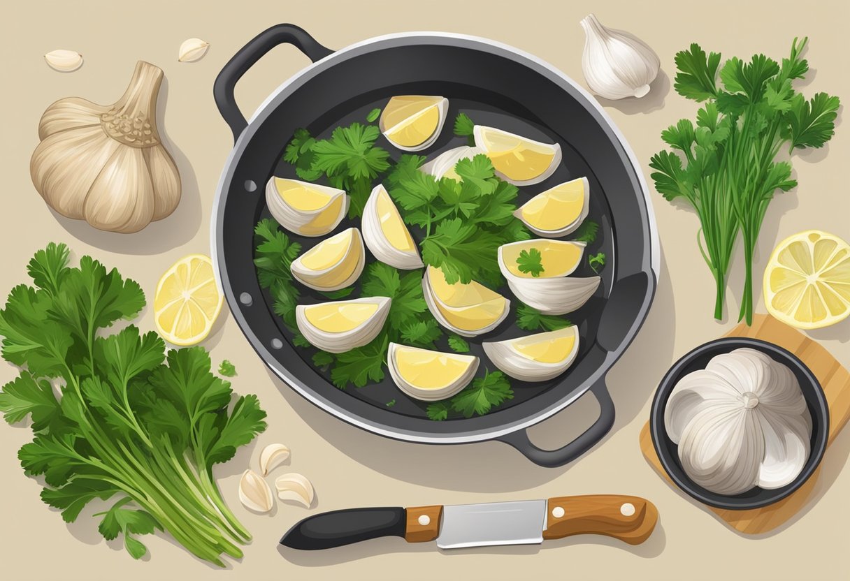 A pot simmering with garlic, herbs, and clams. A chef's knife and cutting board with fresh parsley and lemon