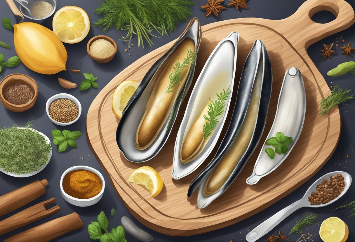 A giant razor clam being prepared with herbs and spices, surrounded by fresh ingredients and cooking utensils on a wooden cutting board