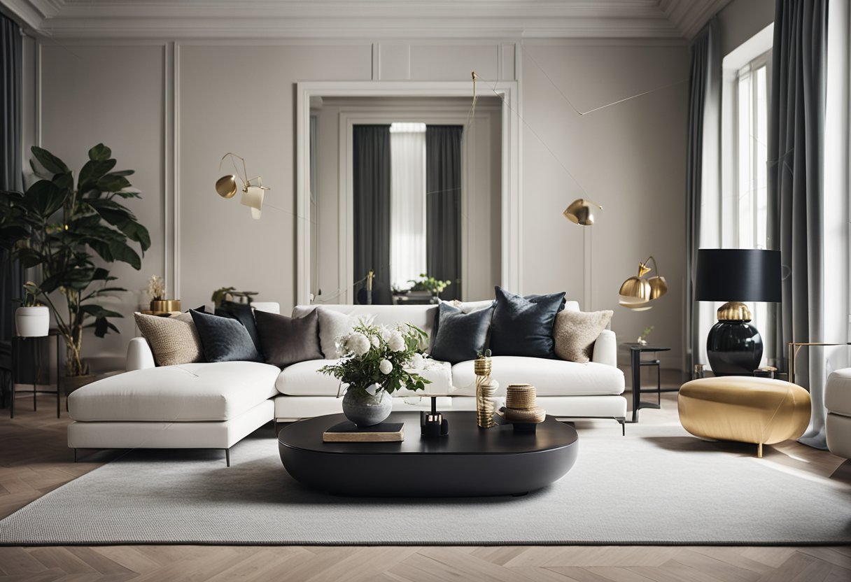 A modern living room with a sleek and stylish sofa, surrounded by elegant furniture and decor. The space exudes a sense of comfort and sophistication