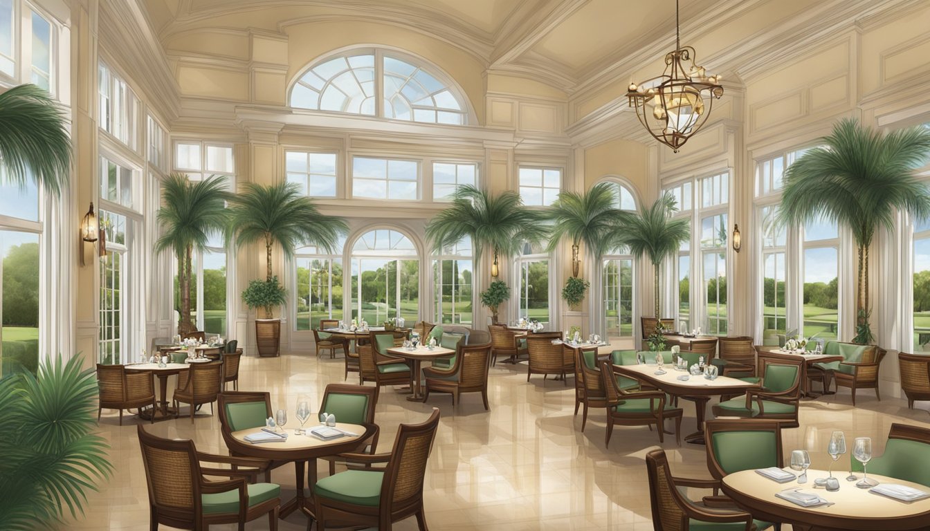 The elegant Royal Palm Orchid Country Club restaurant features high ceilings, large windows, and luxurious furnishings, creating a sophisticated and inviting atmosphere