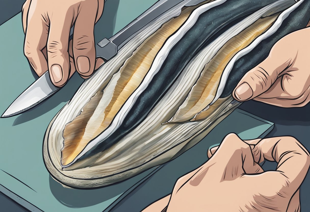 A pair of hands holding a sharp knife, carefully slicing through the tough exterior of a giant razor clam, preparing it for a delicious recipe