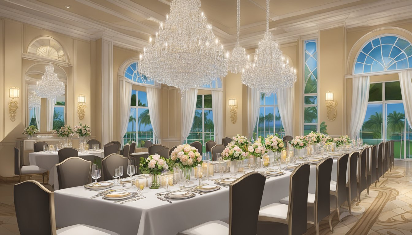 The elegant dining room at Royal Palm Orchid Country Club is adorned with crystal chandeliers and luxurious table settings, creating a sophisticated and inviting atmosphere