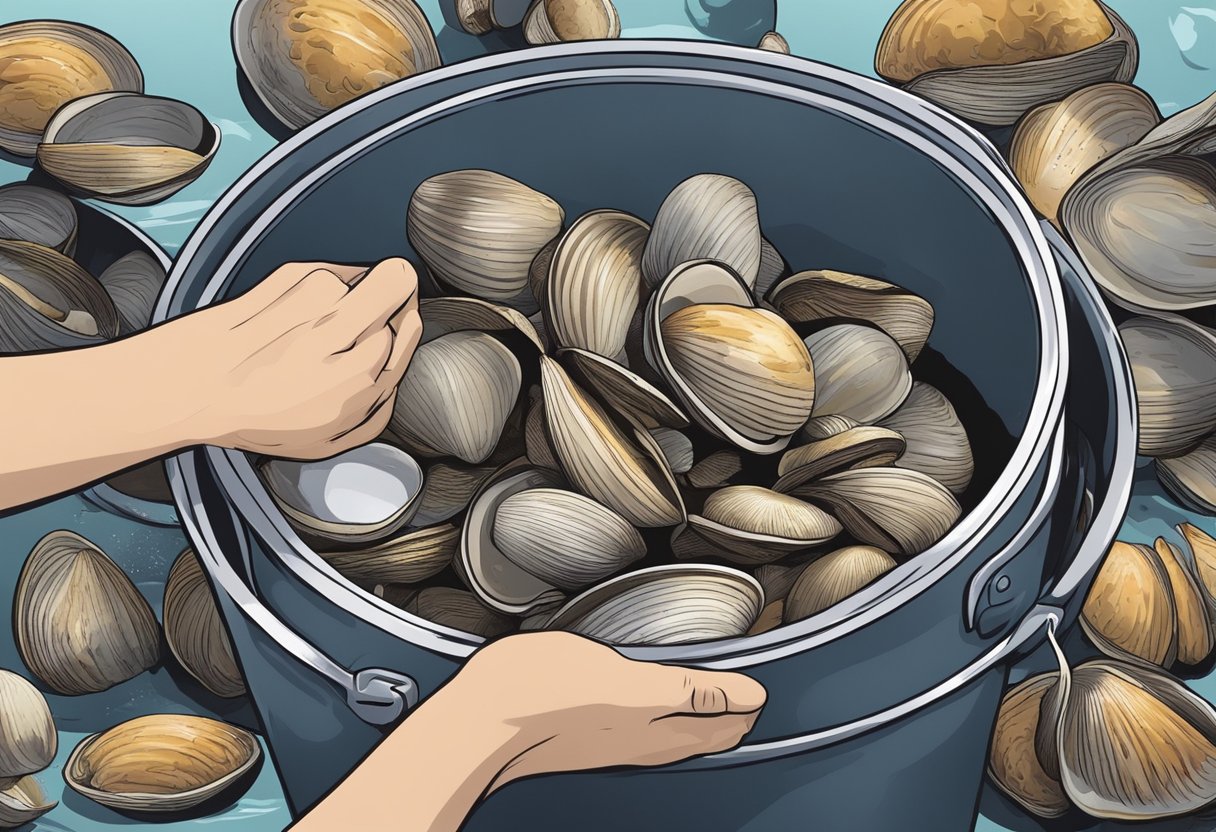 A hand reaches into a bucket of clams, selecting and cleaning them for a recipe