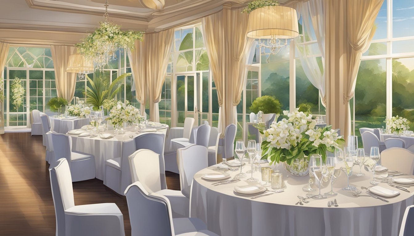 A vibrant dining area with elegant decor, lush greenery, and panoramic views of the surrounding orchid country club. The tables are set with crisp linens and sparkling glassware, creating an inviting atmosphere for a memorable meal