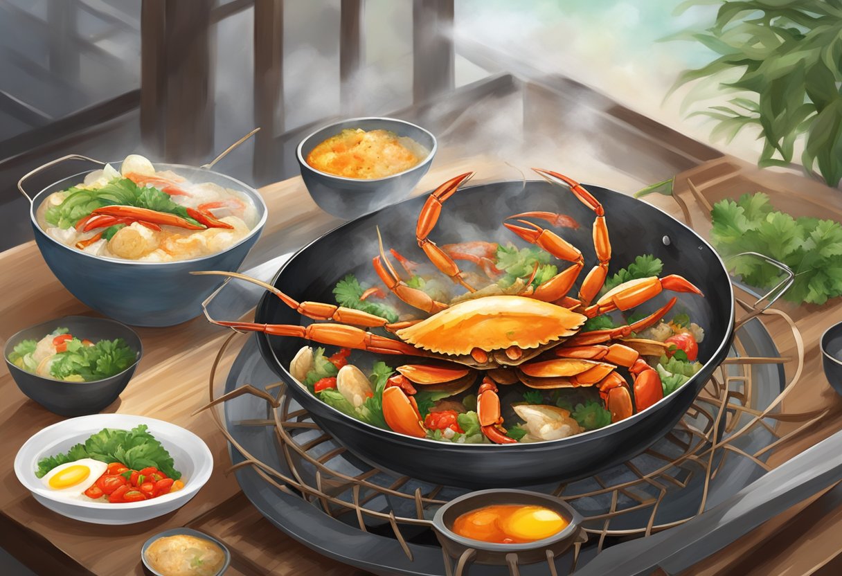 A mud crab is being stir-fried with chili, tomato, and egg in a wok, creating a sizzling and aromatic Singaporean dish