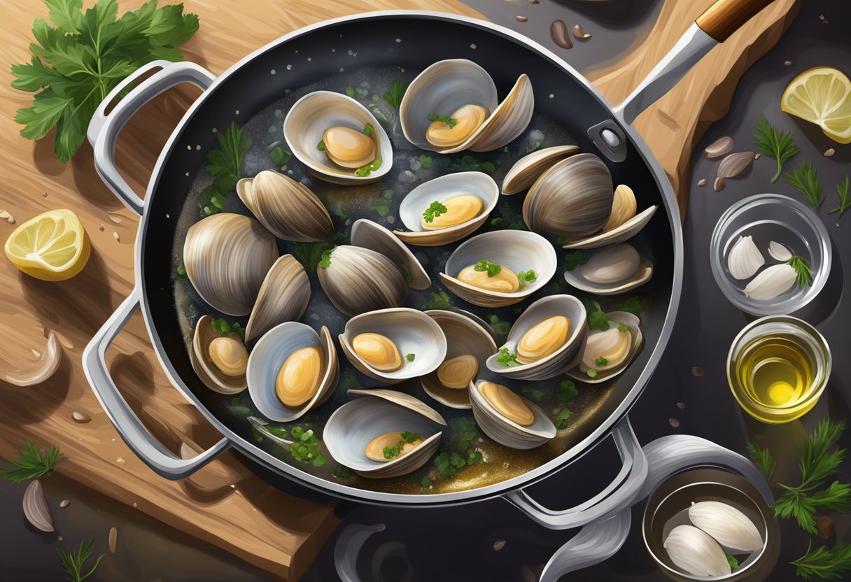 Clams being sautéed in a sizzling pan with garlic, herbs, and white wine, creating a mouthwatering aroma