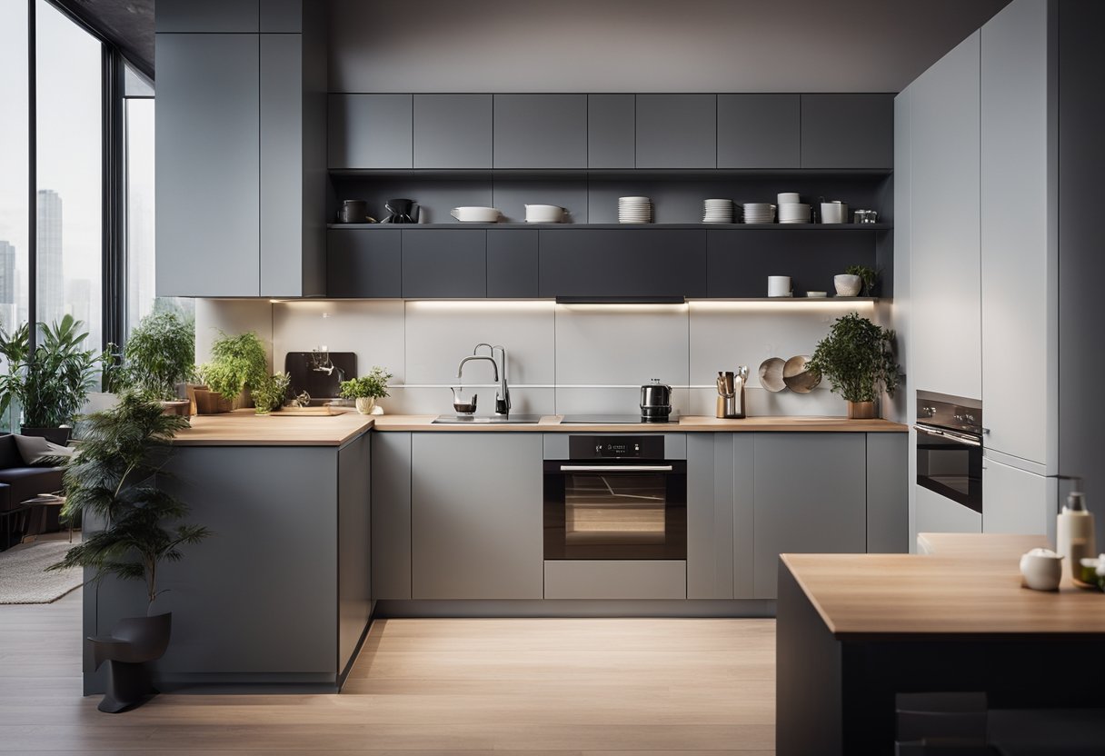 A compact kitchen with sleek, modern appliances and clever storage solutions. Bright lighting and minimalist design create a functional and stylish space