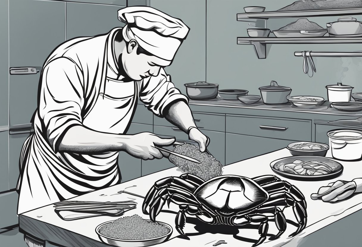 A chef cleans and prepares a mud crab, removing the shell and separating the legs and claws. The crab is then seasoned and ready for cooking