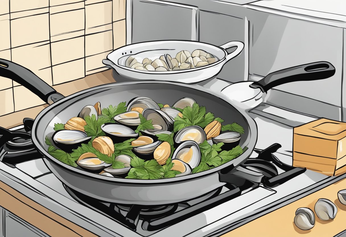 A pot simmering on a stove with fresh clams, garlic, and herbs. A recipe book open to a page titled "Frequently Asked Questions clam recipe" nearby