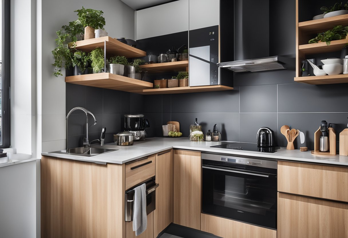 A small kitchen with clever storage solutions, foldable furniture, and multi-functional appliances. Efficient use of wall space and smart organization