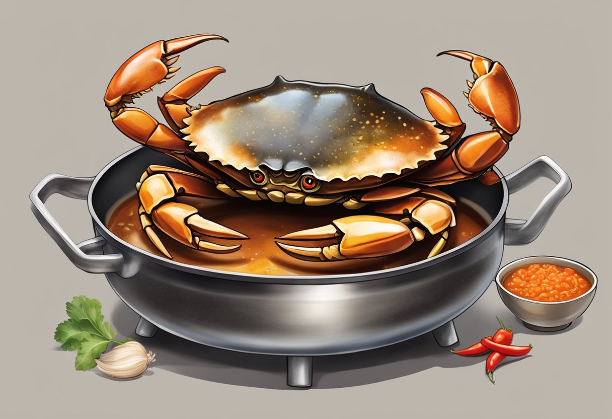 A large mud crab sizzling in a wok with spicy chili sauce, garlic, ginger, and tomato. The aroma of the dish fills the air