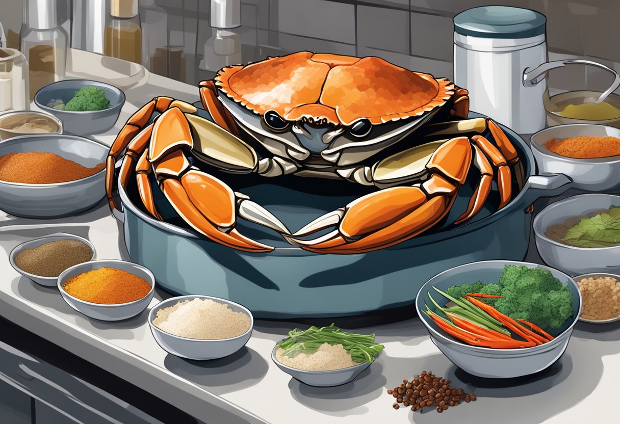 A mud crab being prepared with Singaporean spices and ingredients in a bustling kitchen