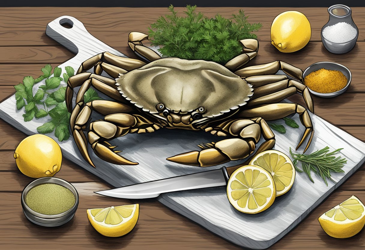 A mud crab sits on a wooden cutting board surrounded by chopped herbs, spices, and a lemon. A chef's knife is poised to begin preparing the crab for a recipe