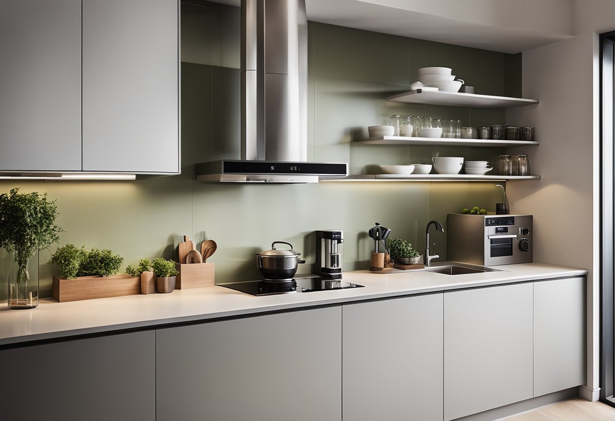A compact kitchen with sleek, space-saving appliances and clever storage solutions. The design features a minimalist color scheme and modern, functional fixtures