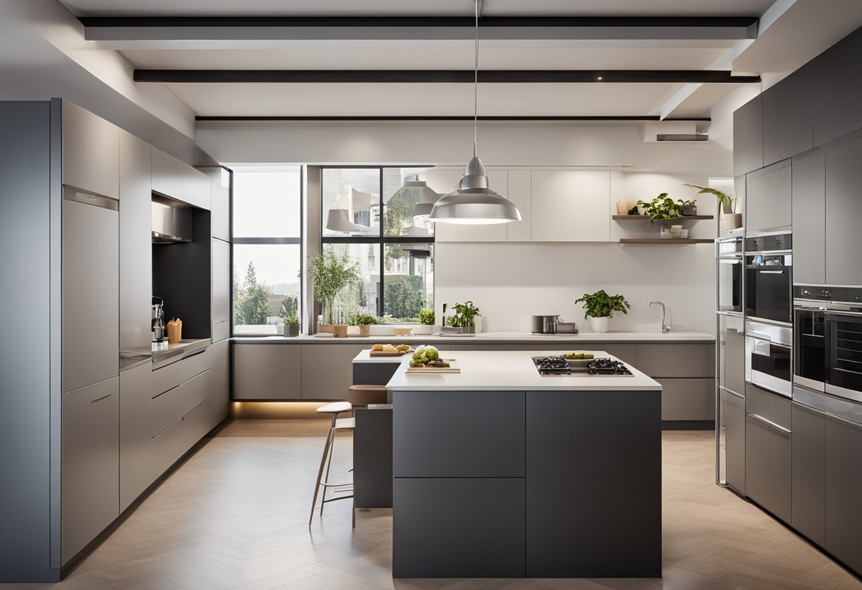 A small kitchen with clever layout, utilizing space efficiently. Minimalist design, smart storage solutions, and functional work areas