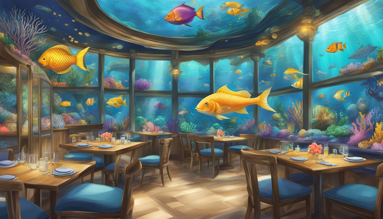 The mermaid restaurant, with underwater-themed decor, colorful sea creatures, and a large, shimmering tank filled with exotic fish and coral