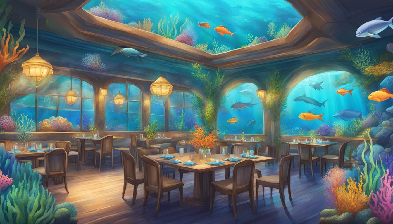 A colorful underwater scene with a majestic mermaid-themed restaurant, featuring coral reefs, sea creatures, and a vibrant ocean backdrop