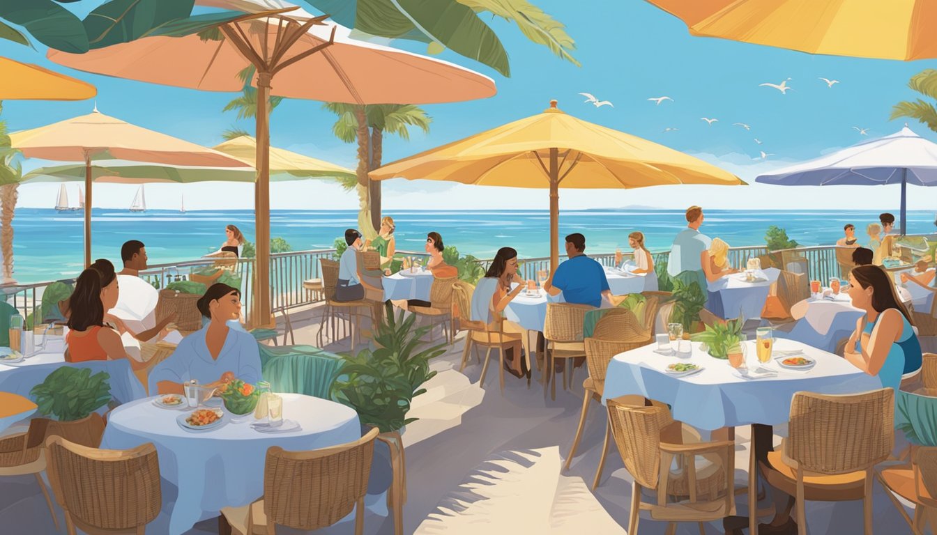 Customers enjoying seaside views at The Mermaid Restaurant. Tables set with colorful umbrellas, and a menu featuring fresh seafood dishes