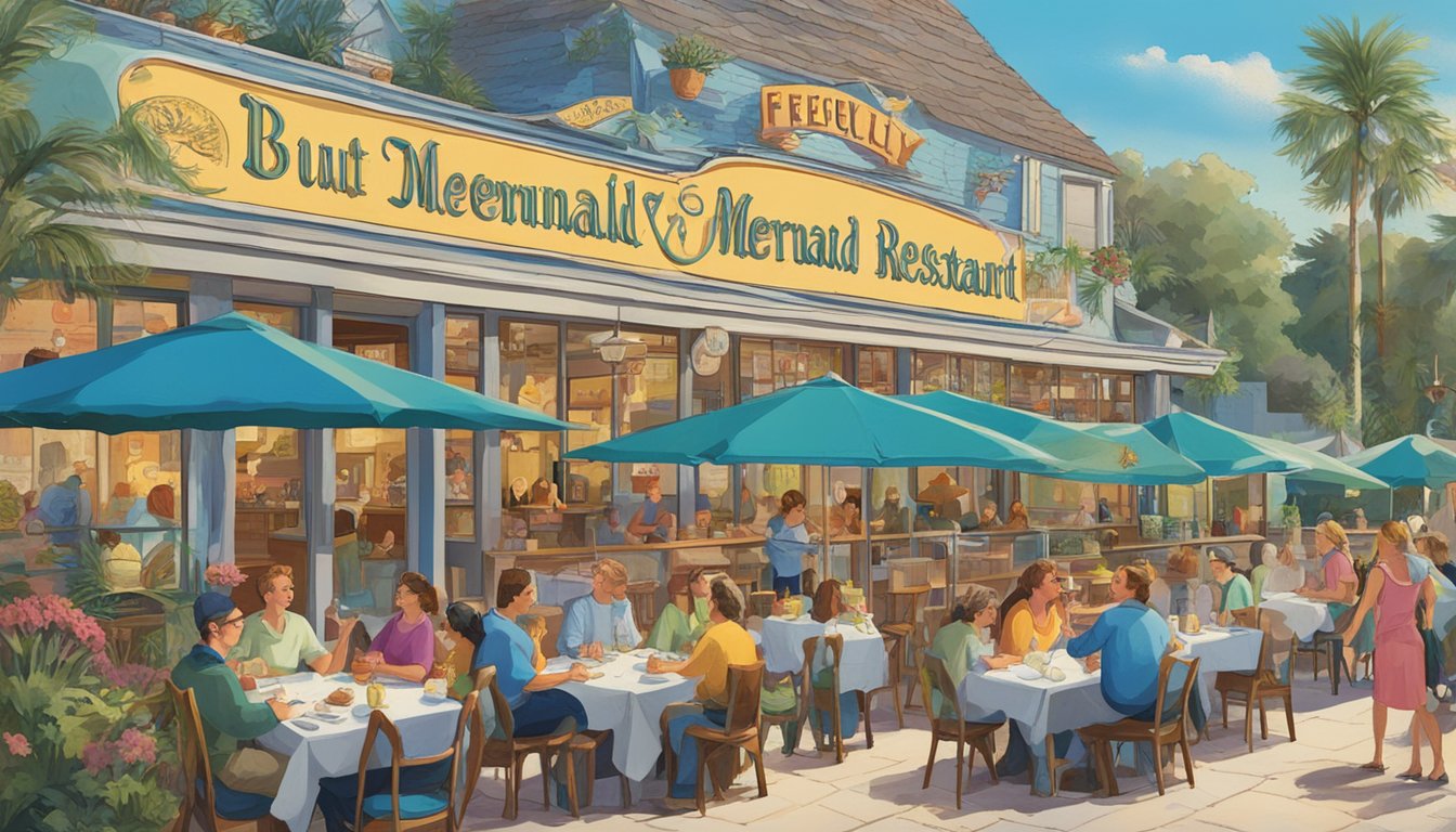 The bustling mermaid restaurant, with patrons enjoying seafood dishes and lively conversation. A large sign outside reads "Frequently Asked Questions" in bold, colorful letters