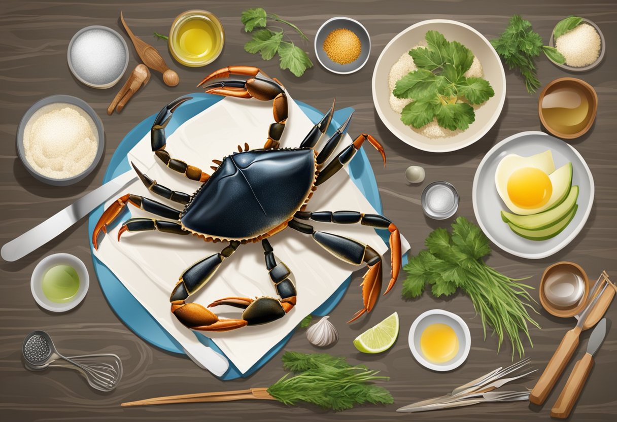 A mud crab being prepared with various ingredients and cooking utensils on a kitchen counter
