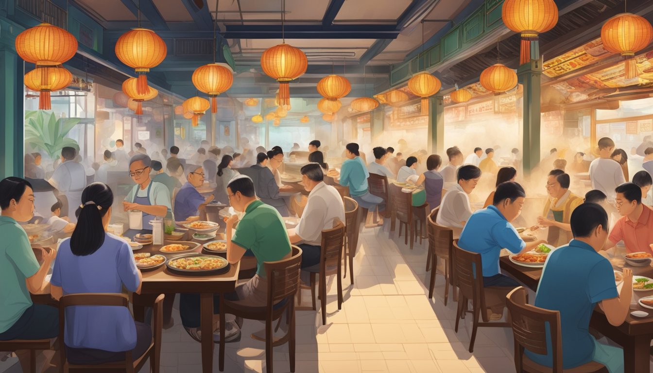 A bustling Teochew restaurant with diners enjoying steaming hot dishes and the aroma of fresh seafood filling the air