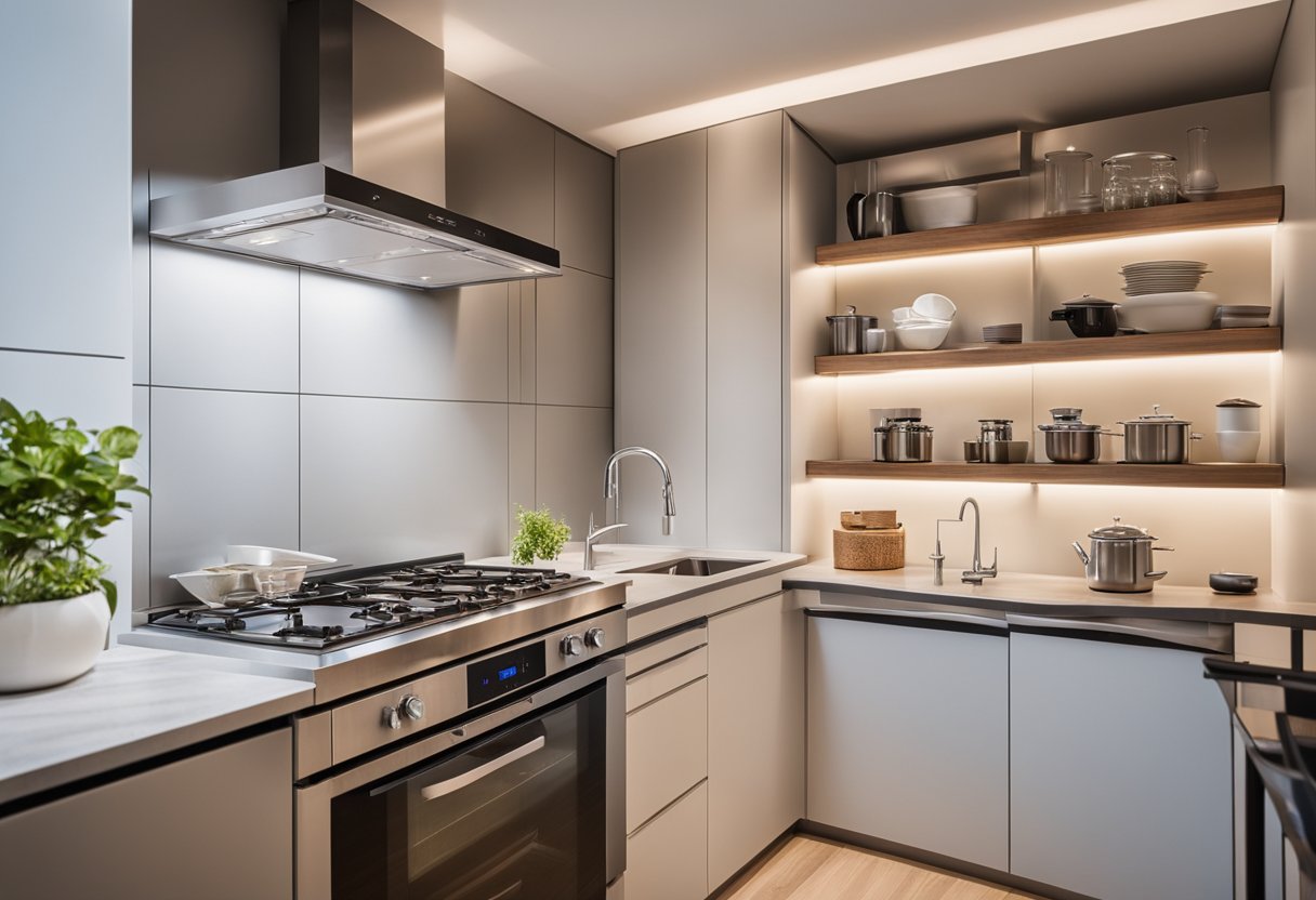 A compact kitchen with organized shelves, efficient appliances, and space-saving design. Bright lighting and a clean, modern aesthetic create a welcoming atmosphere