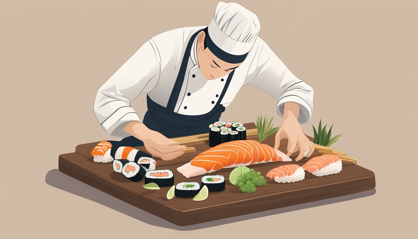 A chef carefully arranges a selection of fresh sushi and sashimi on a wooden platter, surrounded by delicate Japanese ceramics and a simple bamboo backdrop