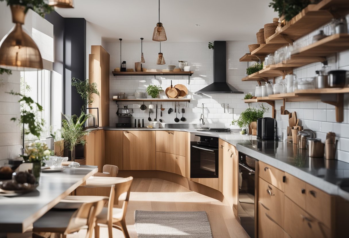 A cozy, organized kitchen with clever storage solutions and efficient layout. Bright colors and natural light create a welcoming atmosphere