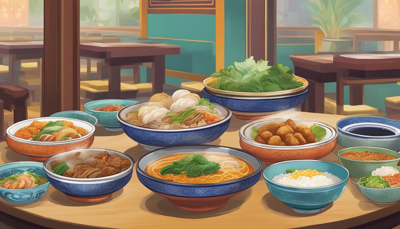 A table set with traditional Teochew dishes at Huat Kee restaurant. Brightly colored plates and steaming bowls create a vibrant and inviting scene