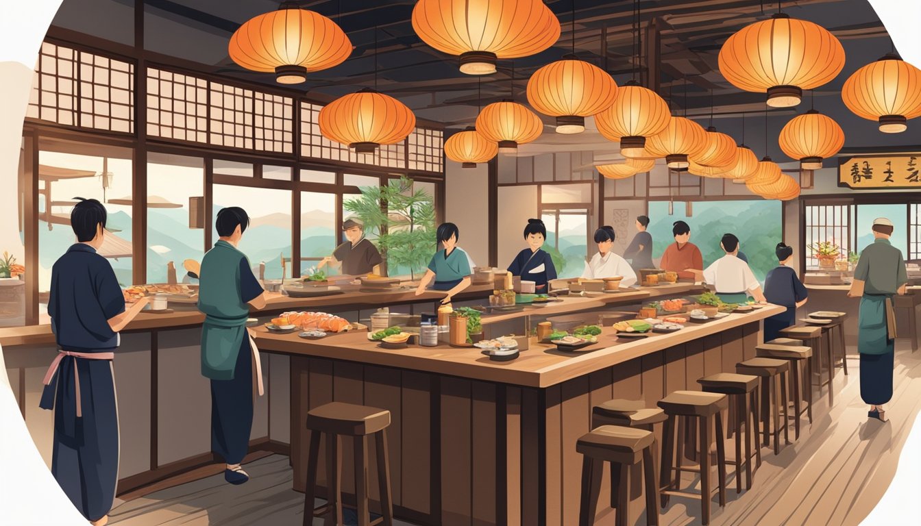 A bustling Japanese restaurant, with traditional lanterns and wooden decor. Sushi chefs behind the bar prepare fresh, colorful rolls. Patrons enjoy their meals at low tables on the tatami floor