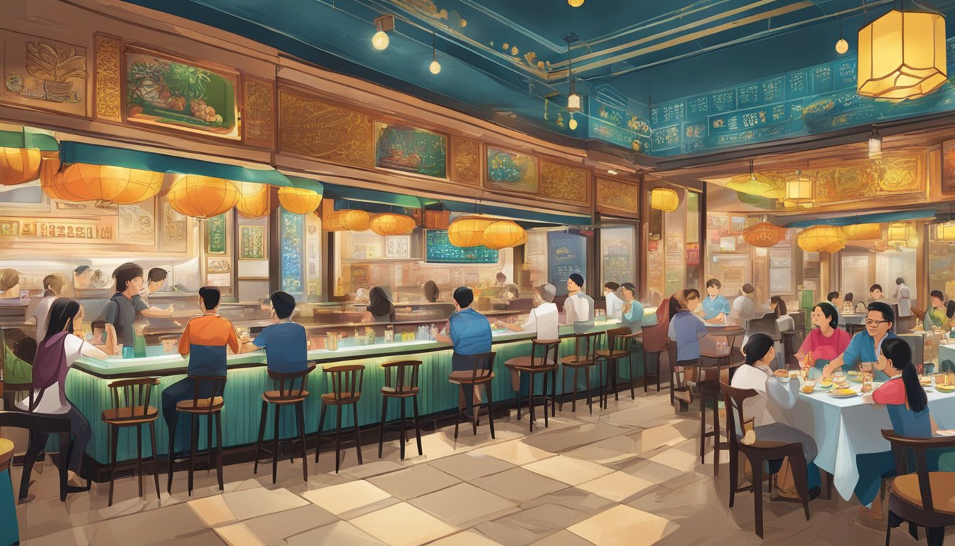 A bustling restaurant with happy diners, vibrant decor, and a wall adorned with glowing customer reviews and awards for Teochew cuisine