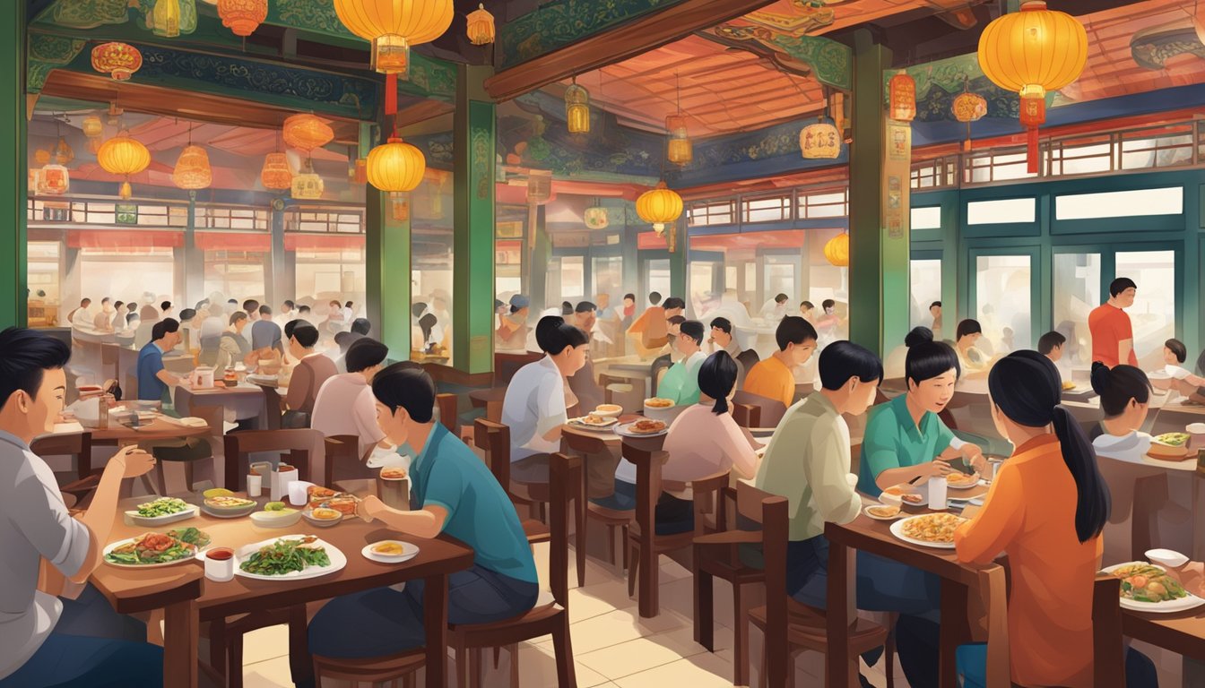 A bustling Teochew restaurant with patrons enjoying traditional dishes and vibrant decor