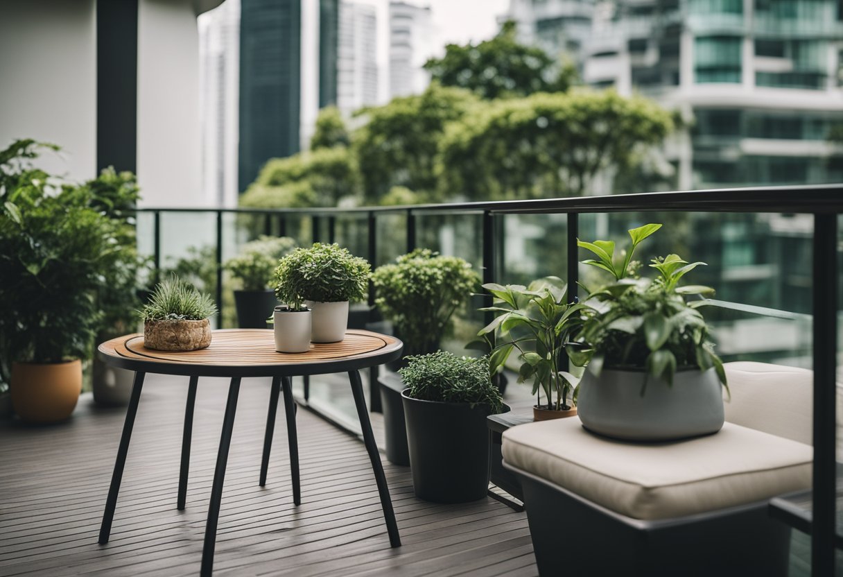 A cozy balcony in Singapore with modern furniture and lush green plants