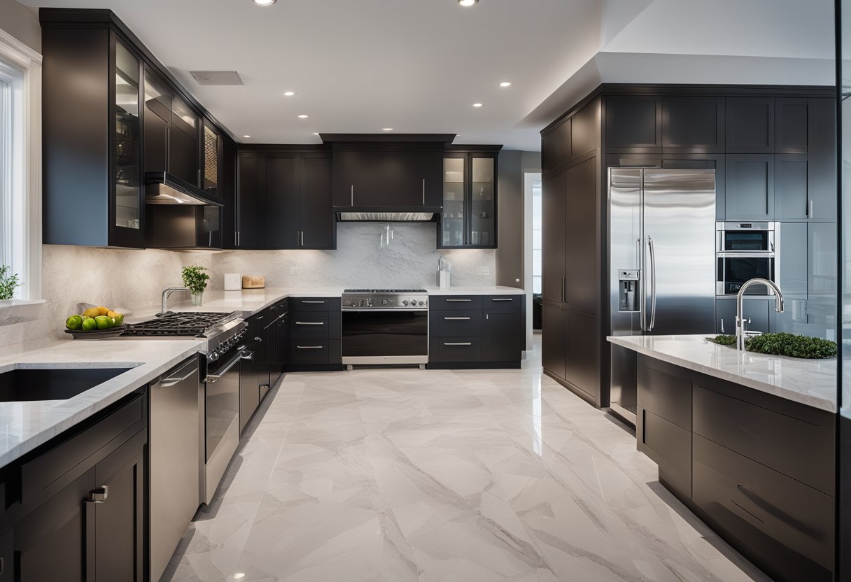 A sleek kitchen with stainless steel appliances and marble countertops. A modern bathroom with a glass-enclosed shower and a freestanding bathtub