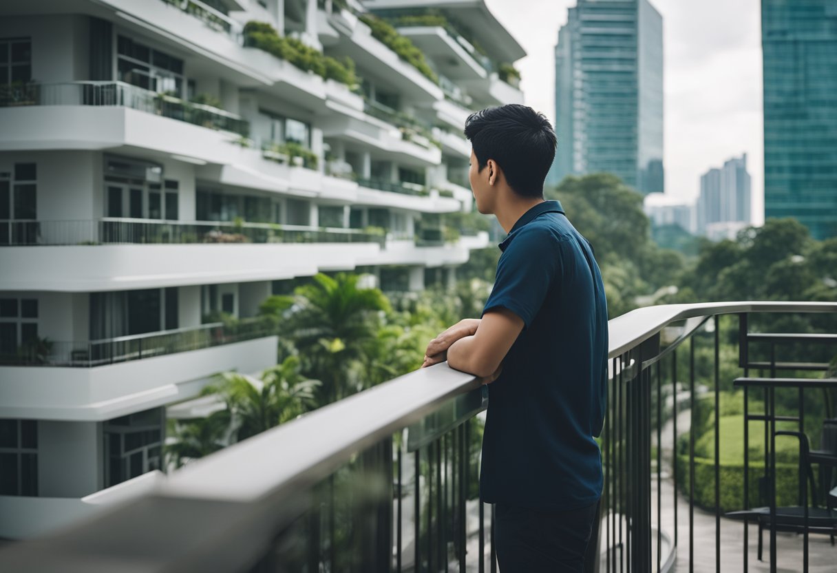 A person considers various balcony furniture options in a Singaporean setting, with lush greenery and modern buildings in the background