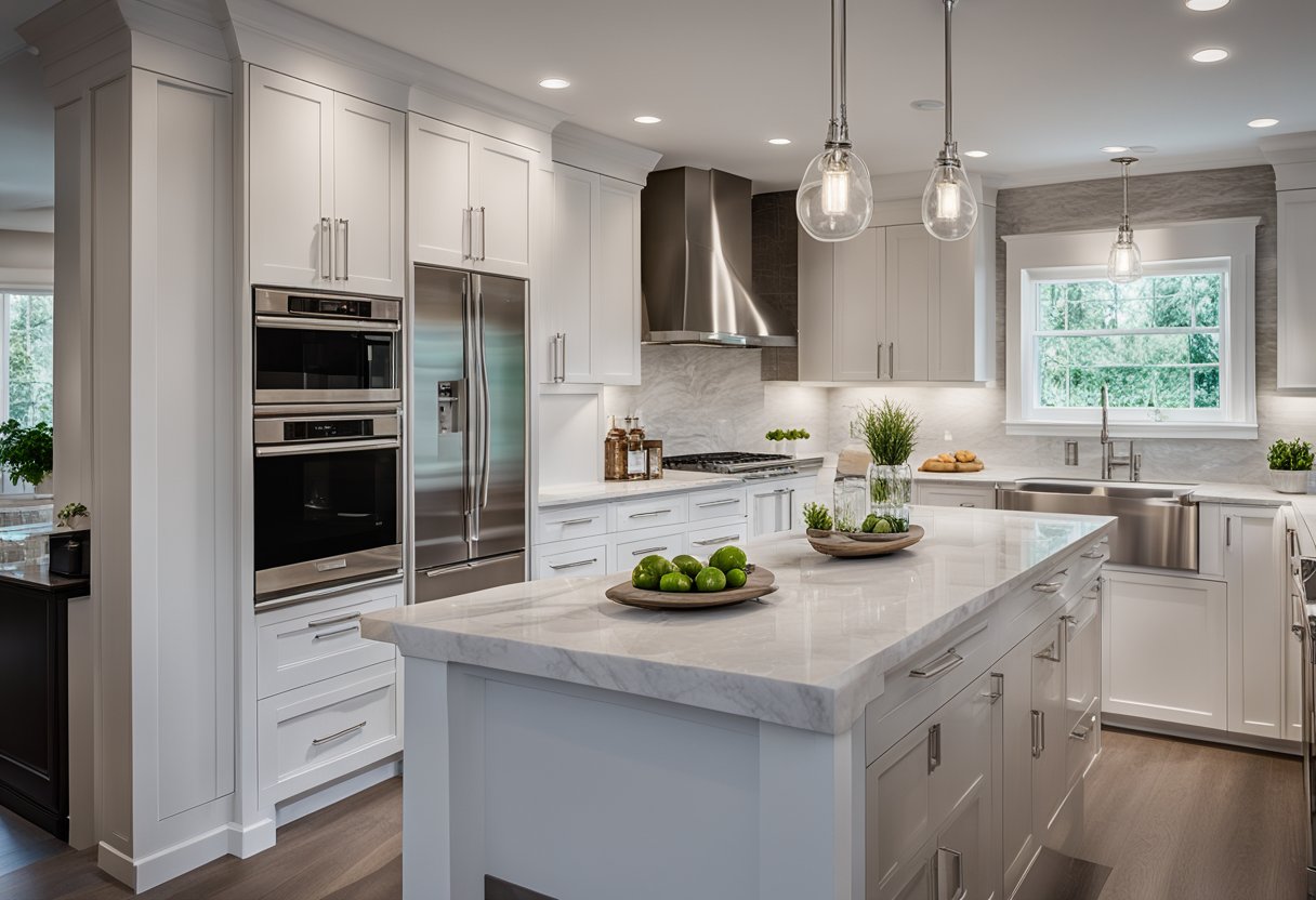 A modern kitchen with sleek cabinets and stainless steel appliances, featuring a large island with a marble countertop. Adjacent, a luxurious bathroom with a freestanding tub, glass-enclosed shower, and contemporary fixtures