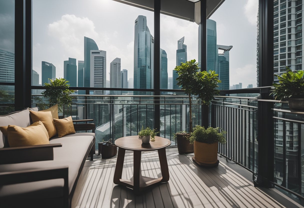 A cozy balcony with stylish furniture overlooks a bustling Singapore street, creating a serene shopping experience