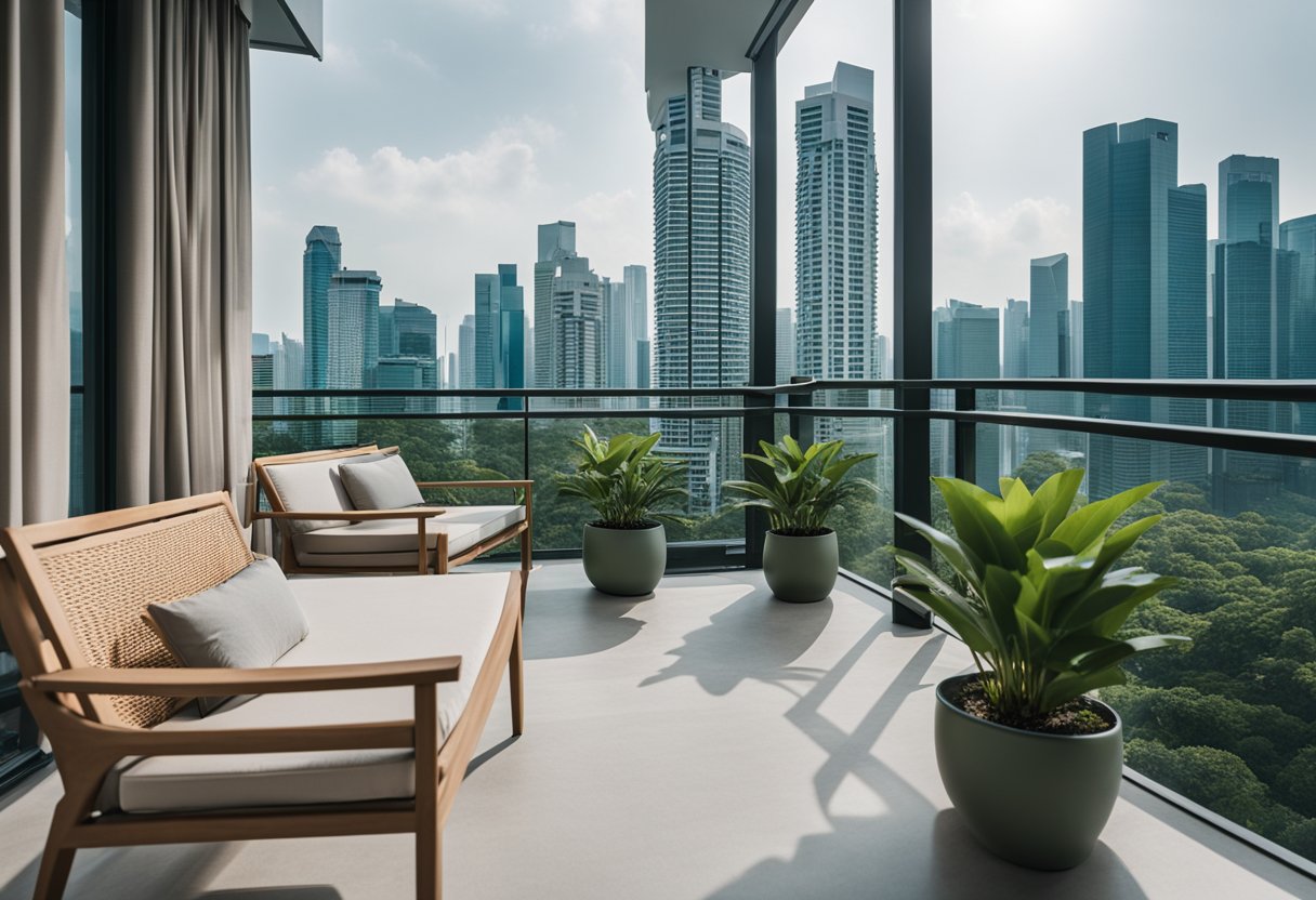 A modern balcony in Singapore with sleek, minimalist furniture and lush green plants. The setting is bright and inviting, with a city skyline in the background