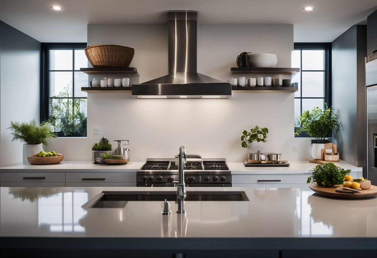 A modern kitchen and bathroom with sleek countertops, stainless steel appliances, and clean, minimalist design