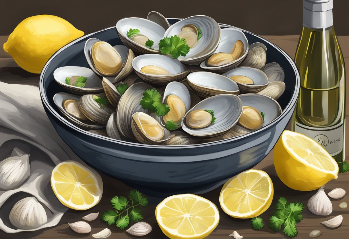 Fresh clams in a bowl with garlic, parsley, and white wine. Lemon wedges and a crusty baguette on the side