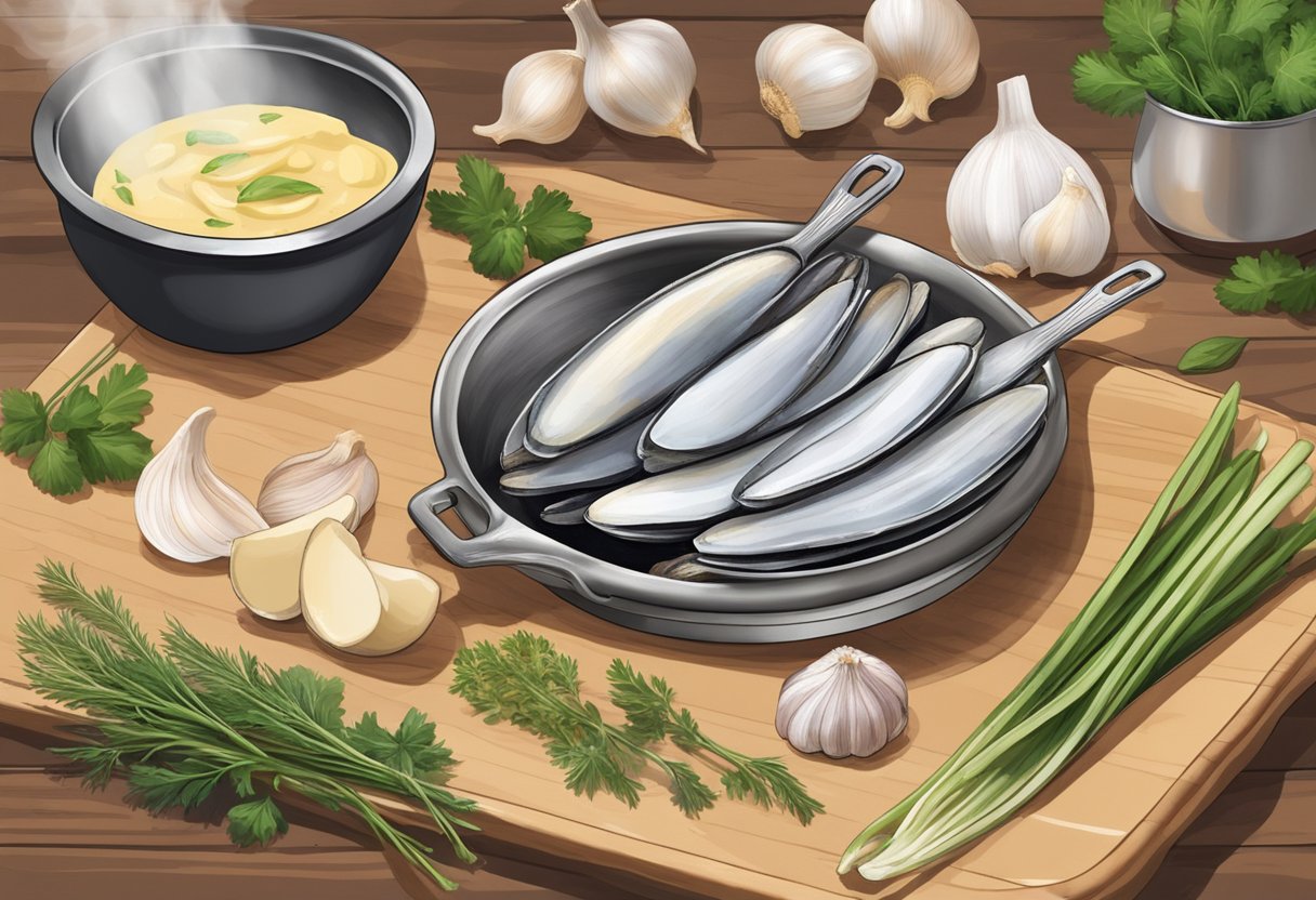 A hand holding a razor clam, surrounded by ingredients like garlic, butter, and herbs on a cutting board. A skillet sizzling on a stove in the background