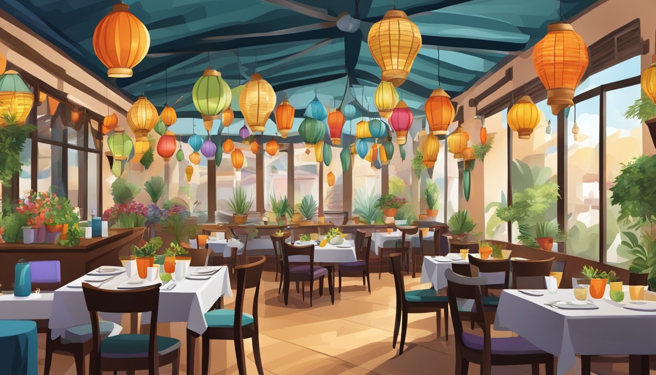 A bustling restaurant with colorful decor, hanging lanterns, and tables filled with delicious Mediterranean and Turkish dishes